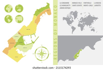 Mapa detallado de Mónaco con divisiones administrativas del país, ilustración de los vectores de color