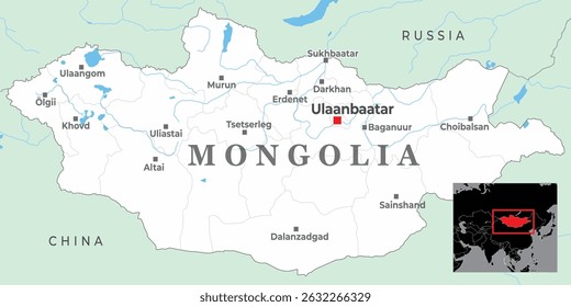 Um mapa detalhado da Mongólia, destacando suas províncias, principais cidades e países vizinhos