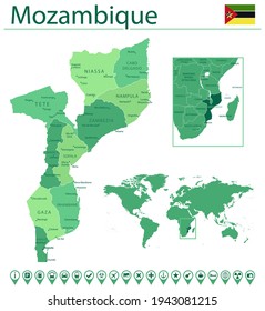 Detailed map of Mozambique with country flag and location on world map. Vector illustration