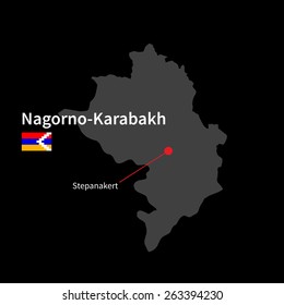 Detailed map of Nagorno-Karabakh and capital city Stepanakert with flag on black background