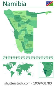 Detailed map of Namibia with country flag and location on world map. Vector illustration
