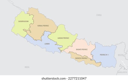 Detailed map of Nepal with administrative divisions and borders of neighboring countries, vector illustration on white background