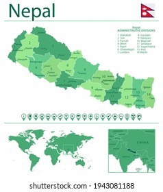 Detailed map of Nepal with country flag and location on world map. Vector illustration