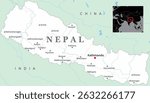 A detailed map of Nepal, showcasing its provinces, major cities, and neighboring countries