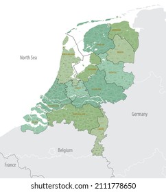 Detailed map of Netherlands with administrative divisions into Provinces and Municipalities, major cities of country, vector illustration onwhite background