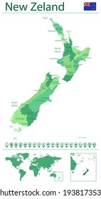 Detailed map of New Zealand with country flag and location on world map. Vector illustration