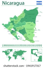Detailed map of Nicaragua with country flag and location on world map. Vector illustration