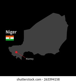 Detailed map of Niger and capital city Niamey with flag on black background