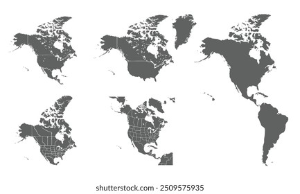 Detailed Map of North America with isolated countries.United States, Canada ,Mexico ,Argentina, Brazil, Chile, Colombia, Ecuador, Peru, Venezuela.