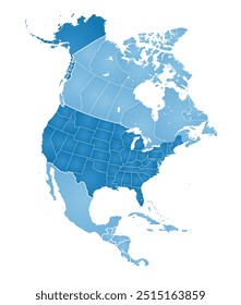Detailed map of North America, with separated countries, states