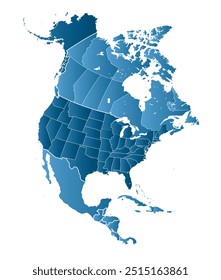 Detailed map of North America, with separated countries, states
