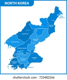 The detailed map of the North Korea with regions or states and cities, capital