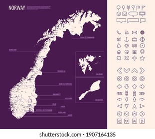 Detailed map of Norway with administrative divisions on a dark background, country big cities and icons set, vector illustration