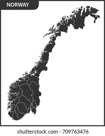 The detailed map of the Norway with regions