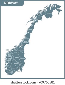 The detailed map of the Norway with regions