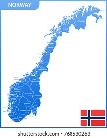 The detailed map of the Norway with regions or states and cities, capitals, national flag