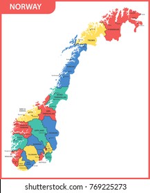 The detailed map of the Norway with regions or states and cities, capitals