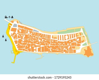 Detailed map of the old town of Taranto, Puglia, Italy in vector