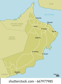 detailed map of Oman with important cities and roads Middle East country Muscat Suhar Ibri Nizwa Sur Haima Duqm Salalah geography cartography