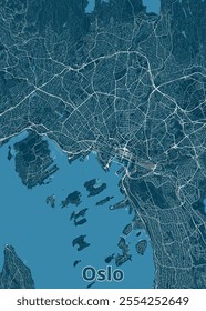 A detailed map of Oslo, Norway, rendered in a minimalist style. The map features a dark blue background with white lines representing roads and waterways.