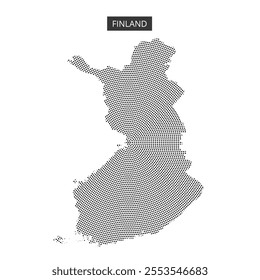 A detailed map outline of Finland is presented in a dotted monochrome design, highlighting the country's unique shape.