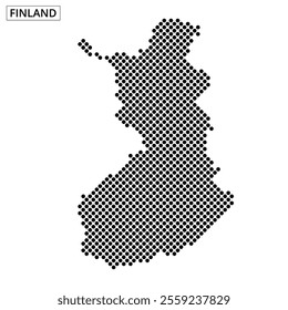 A detailed map outline of Finland is presented in a dotted monochrome design, highlighting the country's unique shape.