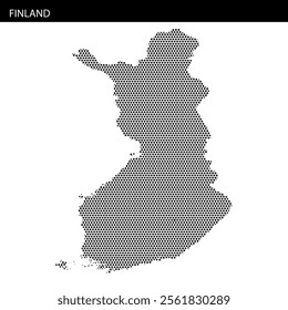 A detailed map outline of Finland is presented in a dotted monochrome design, highlighting the country's unique shape.