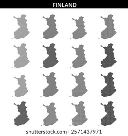 A detailed map outline of Finland is presented in a dotted monochrome design, highlighting the country's unique shape.