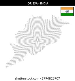 Detailed map outline of Orissa featuring circular lines with