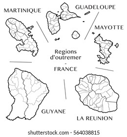 Detailed map of the overseas regions of France including all the administrative subdivisions from region to department borough canton and commune. Vector illustration