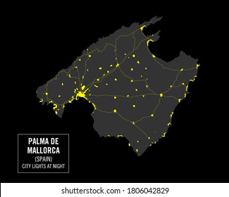 Detailed map of Palma de Mallorca island, Spain. Night view from space. Vector illustration.