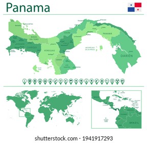 Detailed map of Panama with country flag and location on world map. Vector illustration