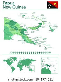 Detailed map of Papua New Guinea with country flag and location on world map. Vector illustration svg