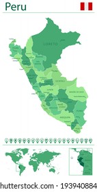 Detailed map of Peru with country flag and location on world map. Vector illustration