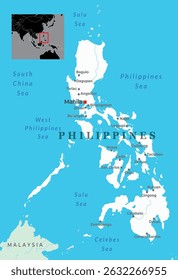 Um mapa detalhado das Filipinas, destacando suas ilhas, principais cidades e países vizinhos