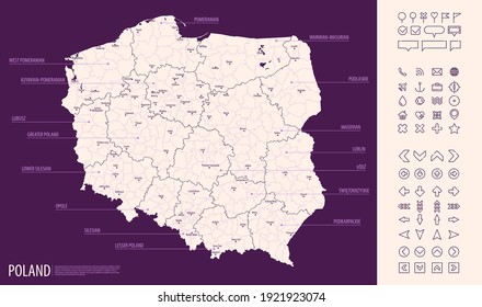 Detailed map of Poland with administrative divisions on dark background, country big cities and icons set, vector illustration