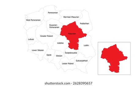Mapa Detalhado da Polônia Destaque a Província Masoviana em Vermelho com Fronteiras Regionais e Nomes para Visualização Geográfica e Recursos Educacionais