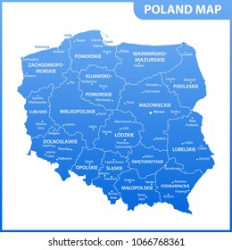 The detailed map of the Poland with regions or states and cities, capitals. Administrative division