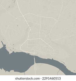 Detailed map of Porto-Novo city, capital of Benin. Municipal administrative area map with buildings, rivers and roads, parks and railways. Vector illustration.