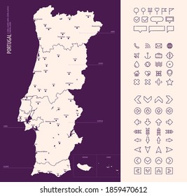 Detailed map of Portugal with administrative divisions on a dark background, big cities of the country and icons set, vector illustration