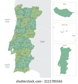 Detailed map of Portugal with administrative divisions into region and municipalities, major cities of country, vector illustration onwhite background