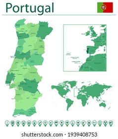Detailed map of Portugal with country flag and location on world map. Vector illustration