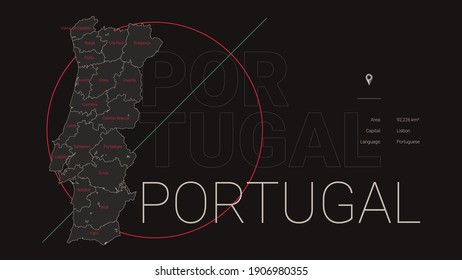 Detailed map of Portugal, division and country information, travel poster in dark style, vector illustration