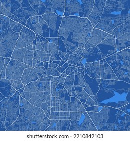 Detailed map poster of Bangalore city administrative area. Blue skyline panorama. Decorative graphic tourist map of Bengaluru territory. Royalty free vector illustration.