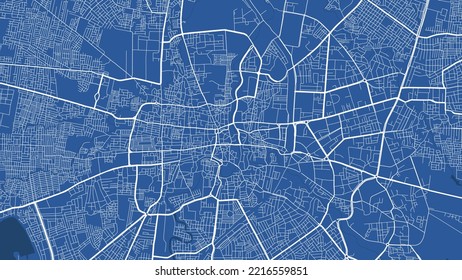 Detailed map poster of Indore city administrative area. Blue skyline panorama. Decorative graphic tourist map of Indore territory. Royalty free vector illustration.