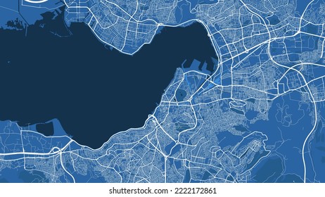 Detailed map poster of Izmir city administrative area. Blue skyline panorama. Decorative graphic tourist map of Izmir territory. Royalty free vector illustration.