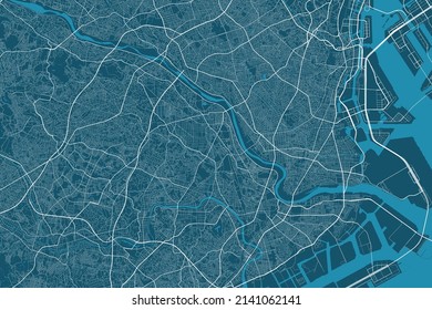 Detailed map poster of Kawasaki city administrative area. Cityscape panorama. Decorative graphic tourist map of Kawasaki territory. Royalty free vector illustration.