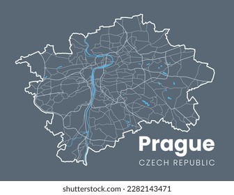 Detailed map of Prague - the capital of Czech Republic - Urban borders map. Light stroke version on dark background of Praha City poster with streets and Vltava River.