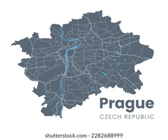 Detailed map of Prague - the capital of Czech Republic - Urban borders map. Dark fill version of Praha City poster with streets and Vltava River.