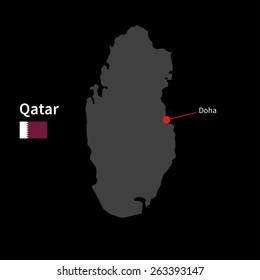 Detailed map of Qatar and capital city Doha with flag on black background